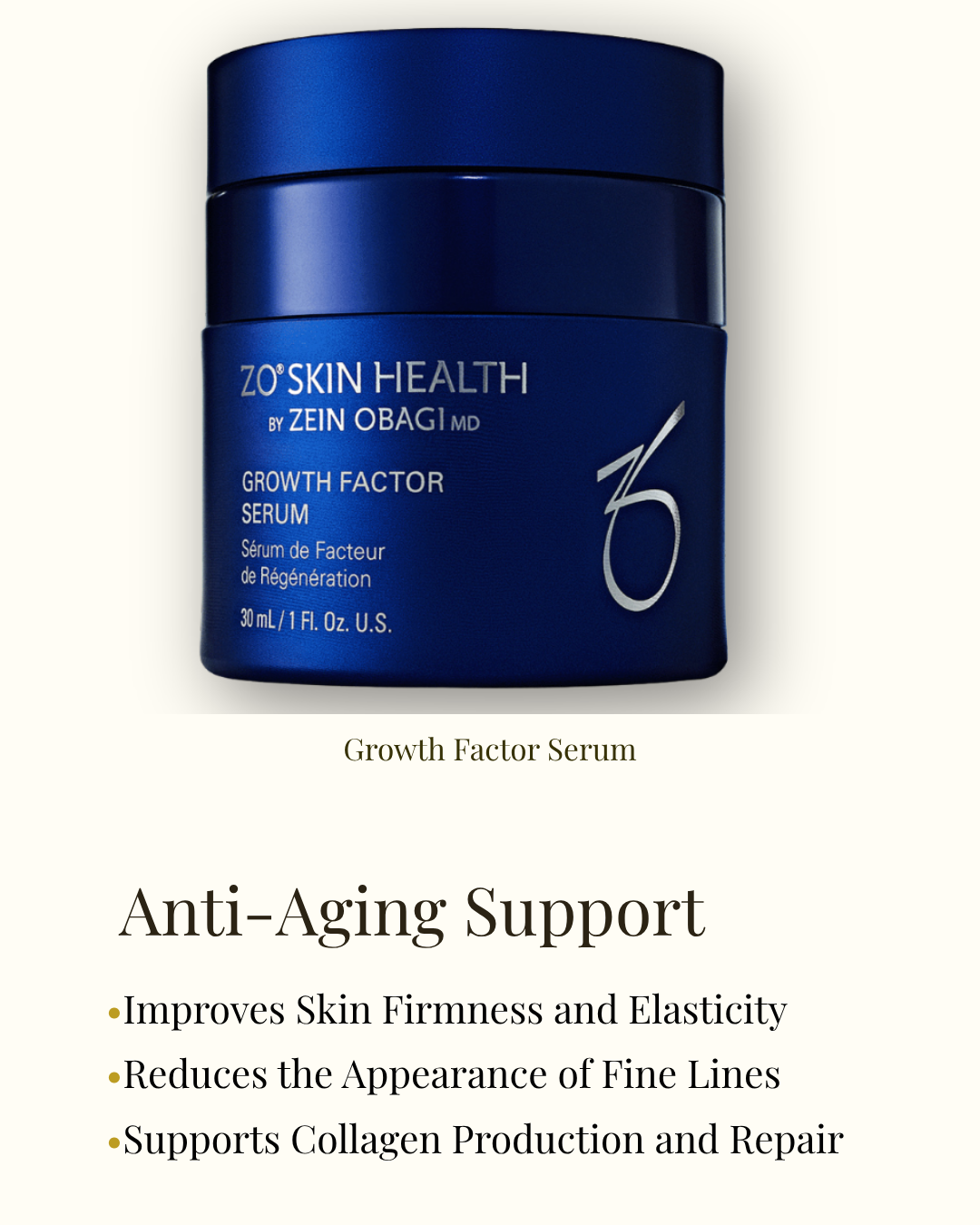 ZO Skin Health Growth Factor Serum — anti-aging support that improves firmness, reduces fine lines, and supports collagen production